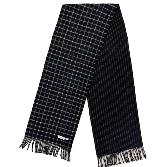 SUSU Wool Cashmere Reversible Scarf - Grid & Pinstripe - Black Purple Cream - Picture 3 of 10